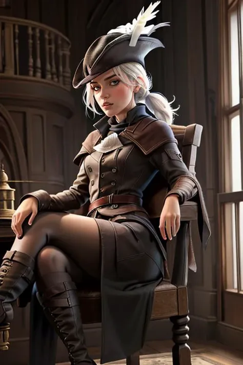 1girl ,solo, LadyMaria, paled skin,  white hair, hat feather, gloves, tricone, ponytail,  clocktower, indoors, sitting in chair, crossed legs, glare, shaded face, looking down, sword resting on lap, blood, (masterpiece:1.2),(best quality:1.2), <lora:LadyMariaV1:0.7>, <lora:SHAD2-10:0.6>,