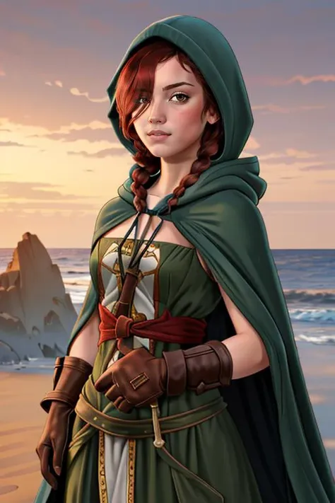 1girl ,solo, EmeraldHerald, gloves, hair over one eye, hood, cloak, brown eyes, twin braids, red hair, soft smile, (masterpiece:1.2),(best quality:1.2), <lora:EmeraldHeraldV1:0.7>, <lora:SHAD2-10:0.6>,