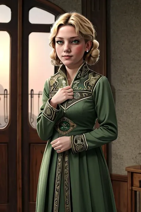 1girl ,solo, RyaZorayas, Rya, blonde hair, green eyes, twin hair rings, green dress, long sleeves,  (masterpiece:1.2),(best quality:1.2), <lora:RyaZorayas-11EDRv9:0.7>, <lora:SHAD2-10:0.6>,