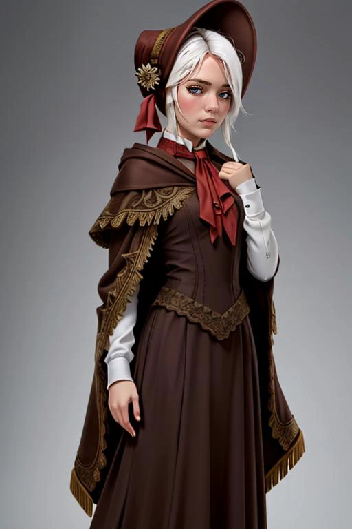 nsfw, +18, 1girl ,solo, plaindoll, white hair, doll joints, bonnet, brown cloak, long dress, red ascot,  (masterpiece:1.2),(best quality:1.2), <lora:plaindoll-nvwls-v1:0.7>, <lora:SHAD2-10:0.6>,