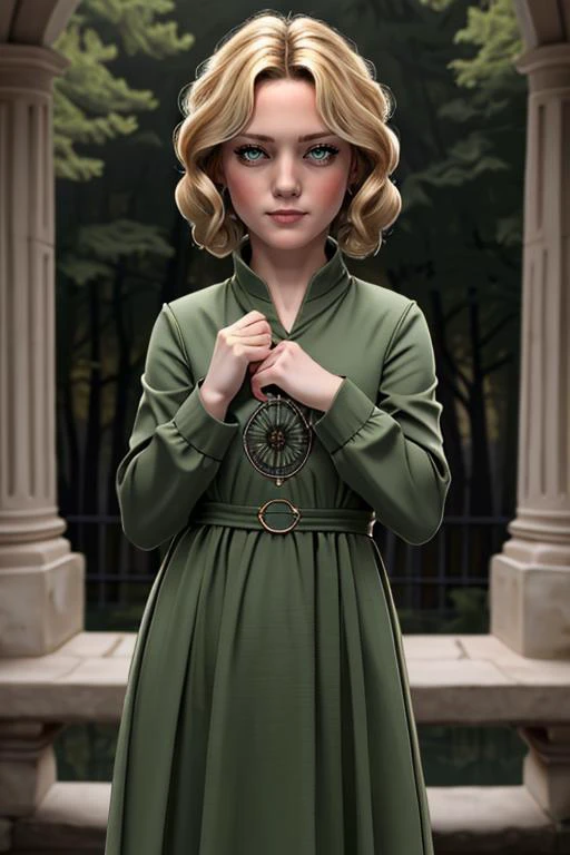 1girl ,solo, RyaZorayas, Rya, blonde hair, green eyes, twin hair rings, green dress, long sleeves,  (masterpiece:1.2),(best quality:1.2), <lora:RyaZorayas-11EDRv9:0.7>, <lora:SHAD2-10:0.6>,