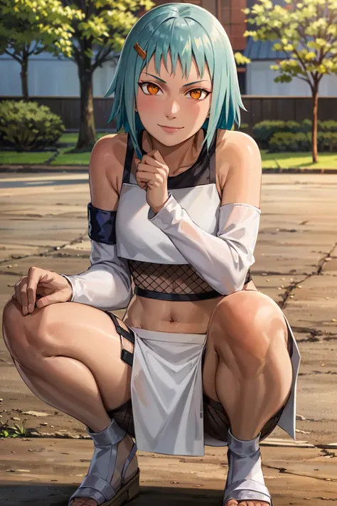 masterpiece, absurdres ,fuu, 1girl, solo, crop top, midriff, navel, fishnets, skirt, smile, sandals, detached sleeves, groin, ninja, crop top, squatting,