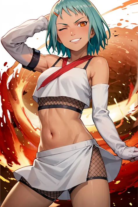 masterpiece, absurdres ,fuu, 1girl, solo, midriff, one eye closed, navel, smile, detached sleeves, hairclip, hair ornament, fishnets,skirt, bare shoulders, ninja,