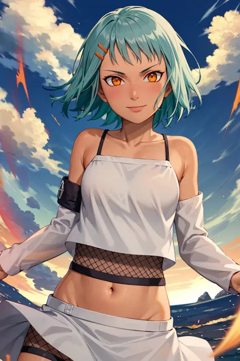 masterpiece, absurdres ,fuu, 1girl, solo, midriff, camisole, navel, smile, detached sleeves, hairclip, hair ornament, fishnets,skirt, bare shoulders, ninja,tornado, wind