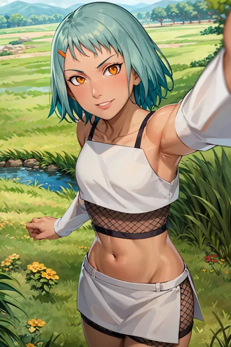 masterpiece, absurdres ,fuu,hair ornament, hairclip, 1girl, solo, crop top, midriff, navel, fishnets, skirt, smile, sandals, detached sleeves, groin, ninja,from above, pov, looking at viewer,pointing at viewer,grass, flower, stream,