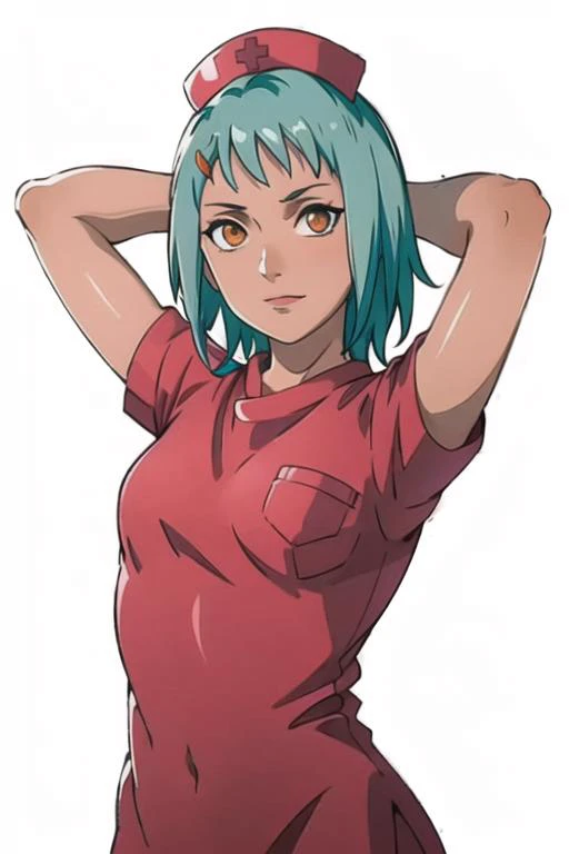 8k uhd,RAW photo,beautiful detailed eyes,looking at viewer ,1girl, solo, (small breasts),white background,simple background,fuu,(arms up:1.1), arms behind head,((nurse cap,nurse))