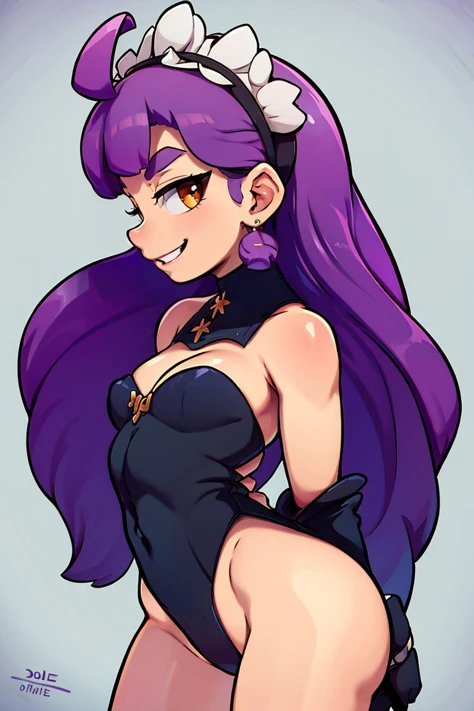 <lora:the_other_half_style:0.8>,((masterpiece,best quality)), absurdres, <lora:Dark_Eclair_Anime:0.8>, Dark_Eclair, black leotard, ahoge, bare shoulders, maid headdress, long purple hair,  solo, smiling, looking at viewer, cowboy shot, side view, leaning forward,