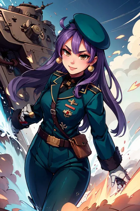 ((masterpiece,best quality)), absurdres, <lora:Dark_Eclair_Anime:0.8>, Dark_Eclair, ahoge, long purple hair, smile,  military uniform, military, soldier, belt, green pants, beret, brown jacket, world war ii, war, military vehicle, battlefield, battle, dust