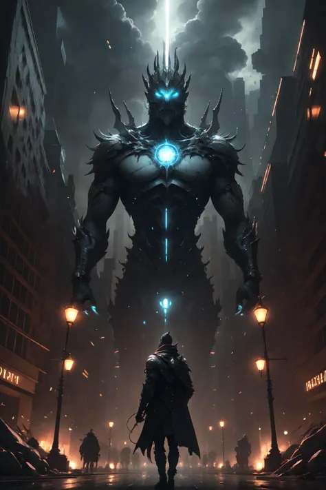 A man in a black coat standing in front of a giant robot - SeaArt AI