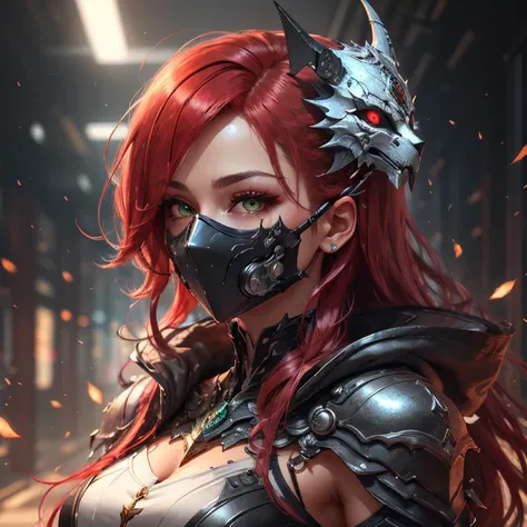 women wearing mask, portrait, sh4g0d, <lora:sh4g0d:0.7>, long red hair, green eyes,