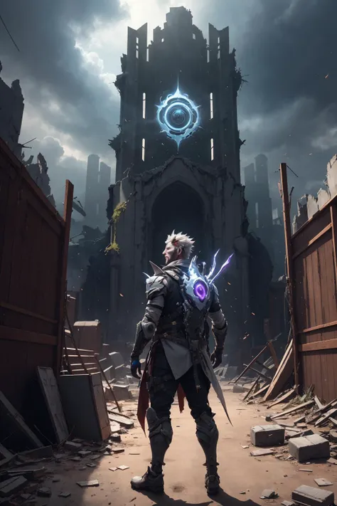 <lora:sh4g0d:0.6> a man is standing in front of a sh4g0d ruin