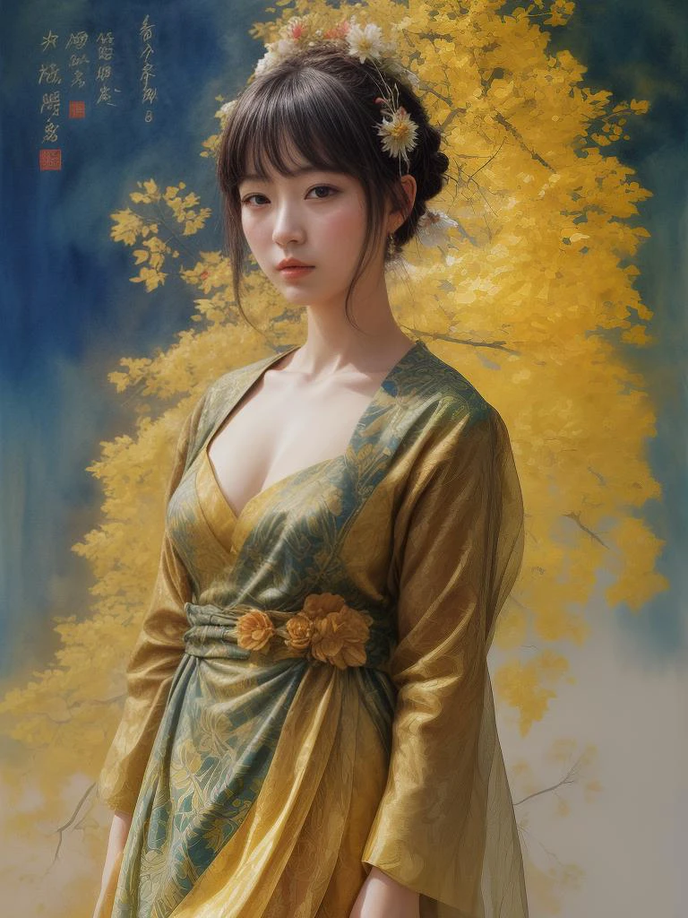anime, masterpiece, painting, water color painting, impressionism, girl in a yellow costume, illustration, abstract, modern art, ink wash, simple background, flower tree branch in background, (song, poem, verse, stamp:1.2), (surreal:1.2), apotheosis, psychedelic, melancholy, absurdres, splash art, intricate detail, bold strokes, thick application, woman, female, light, pagan, solstice, scenary, ink, wuchangshuo, bonian, zhenbanqiao, badashanren, shuimobysim, suprematism,