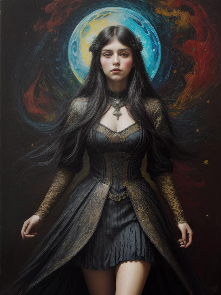 poore bright colors, dress, masterpiece, best quality, ultradetailed, intricate detail, heavy brushstrokes, (abstract art:1.2), impressionism, (surreal:1.2), ( style of gerald brom:1.1), dark , night, starry, (western gunslinger:1.1), (19th century clothing:1.2), splash art, apotheosis, psychedelic, melancholy, absurdres, 2d rough loose oil painting , painterly, expressive, intricate detail, bold strokes, thick application, woman, female, light, pagan, solstice, scenary, ink, light background,