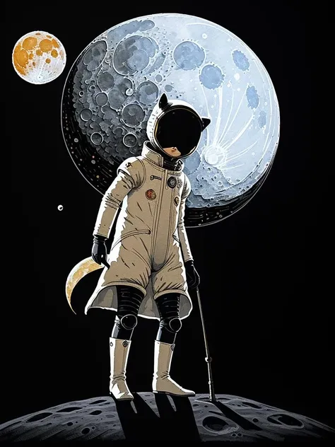 painted illustration of moon, ink, black background, Le Petit Prince standing on moon, moon illustration