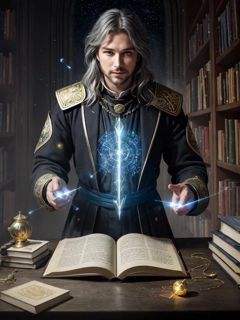 masterpiece, best quality, ultradetailed, intricate detail, bold strokes, thick application, light, pagan, gorgeous magician, tall man with wand, books, magic light, spells, strange medieval outfit, library, blue lights and sparks, SGI effects, yellow lightning, gray-haired, alchemistry, constellation