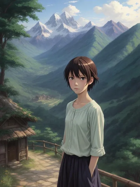 by Makoto Shinkai, painted illustration, anime, girl, eye contact