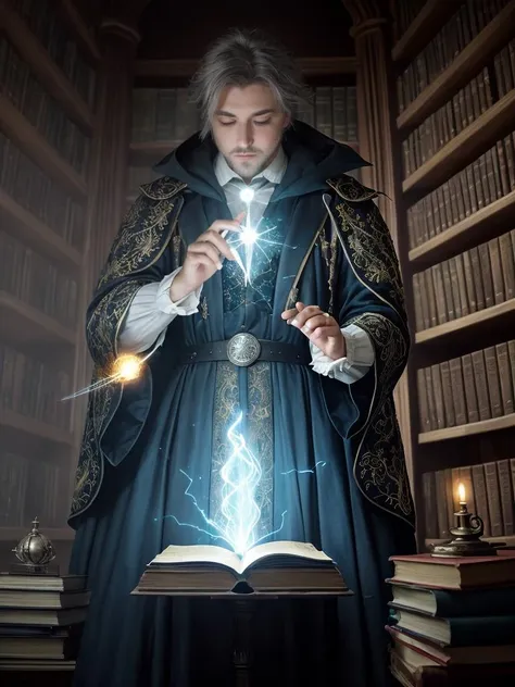 masterpiece, best quality, ultradetailed, intricate detail, bold strokes, thick application, light, pagan, gorgeous magician, tall man with wand, books, magic light, spells, strange medieval outfit, library, blue lights and sparks, SGI effects, yellow lightning, gray-haired, alchemistry, constellation