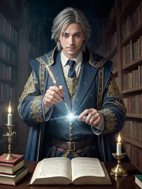 masterpiece, best quality, ultradetailed, intricate detail, bold strokes, thick application, light, pagan, gorgeous magician, tall man with wand, books, magic light, spells, strange medieval outfit, library, blue lights and sparks, SGI effects, yellow lightning, gray-haired, alchemistry, constellation