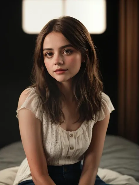 (full-length, editorial photograph of a 21 year old woman), brown eyes, makeup arrows, (highly detailed face:1.4) (smile:0.7) (background inside dark, moody, private study:1.3), POV, by lee jeffries, nikon d850, film stock photograph ,4 kodak portra 400 ,camera f1.6 lens ,rich colors ,hyper realistic ,lifelike texture, dramatic lighting , cinestill 800, Jenna Coleman, wide jaw, 