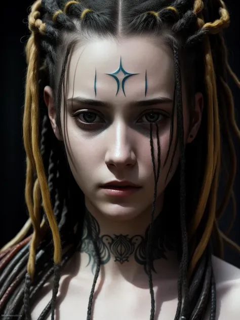 girl 18 years old, with dread locks and makeup looks into the camera with a creepy look on her face and eyes, Android Jones, biopunk, concept art, video art, matrix color grading, tattoos in her face, scify, hellblade senua's sacrifice