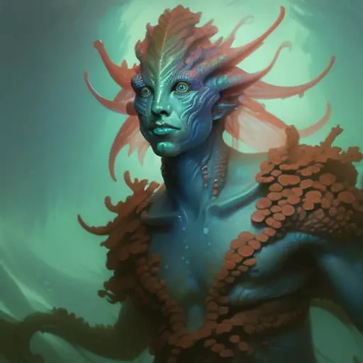 Close-up Portrait of a Atlantian coral Merfolk_Person, Fantasy, Medieval, Volumetric lighting, concept art, brush stroke style, artstation, trending, highly detailed, art by greg rutkowski.