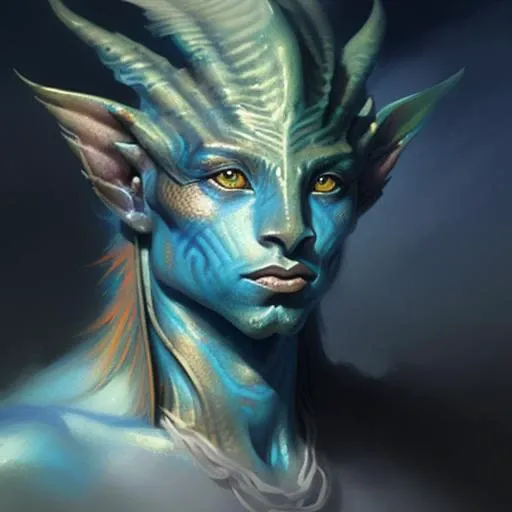 Close-up Portrait of a Assyria silver Merfolk_Person, Fantasy, Medieval, Volumetric lighting, concept art, brush stroke style, artstation, trending, highly detailed, art by greg rutkowski.