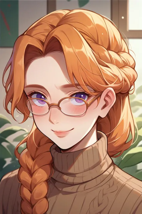 score_9, score_8_up, score_7_up, source_anime, 1girl, solo, <lora:NSLeahStardew:1> NSLeahStardew, orange hair, long hair, braid, braid in front, purple eyes, glasses, close-up, brown sweater, turtleneck sweater, indoors, oval eyewear, heavy blush, slight smile