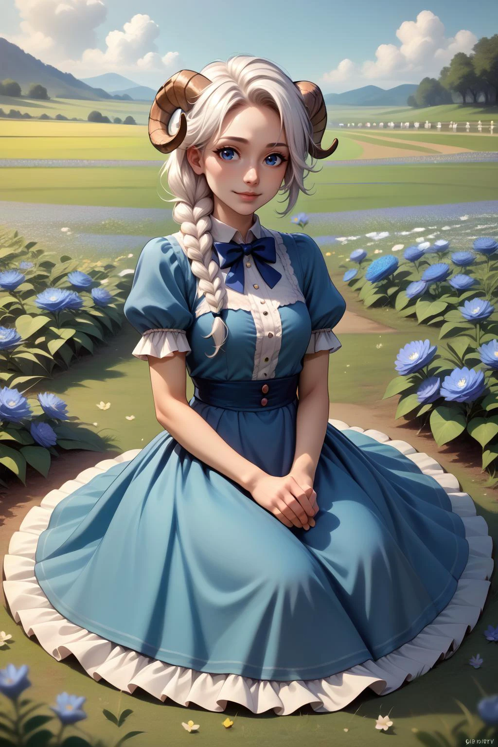 score_9, score_8_up, score_7_up, source_anime, 1girl, solo, <lora:NSLeahStardew:1> NSLeahStardew, white hair, long hair, braid, single braid, braid in front, blue eyes, blue dress, frills, puffy sleeves, ribbons, bowtie, blue flowers, flower field, sitting on ground, happy, sheep horns, sheep girl