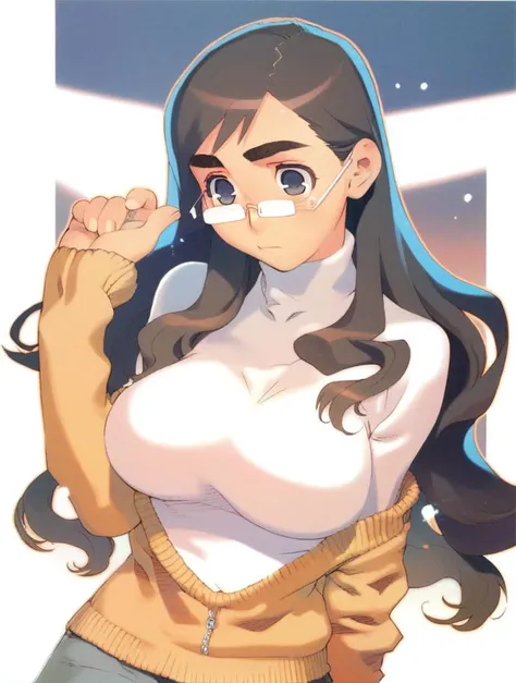 large breasts, sweater, glasses, eyebrows, female, long hair
score_8_up <lora:Chokotto Sister:1>