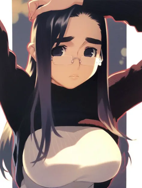 large breasts, sweater, glasses, eyebrows, female, long hair
score_8_up <lora:Chokotto Sister:1>