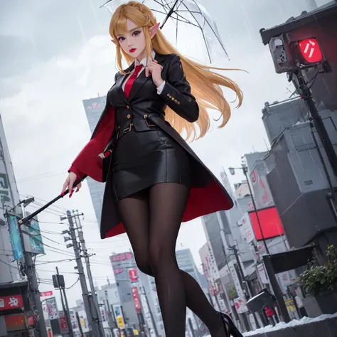 (masterpiece), best quality, highest quality, extremely detailed, beautiful face, CG unity 8k wallpaper, detailed and intricate, original,highres, \\ Princess Zelda, walking, red lipstick, red nail polish, flat chest, sexy, white blazer, long coat, red scarf, black shirt, red necktie, long blonde hair, looking at viewer, NSFW, \\ office lady, suits, red leather pencil skirt, (transparent black pantyhose), white high heels, handbag, full body, \\ holding white umbrella, cold, street, subway station, shop border, akihabara \(tokyo\), shibuya \(tokyo\), shinjuku \(tokyo\), tree, clouds, rain\\ beautifully detailed background, depth of field,:0.1,realistic:1.3, (ambient light:1.3),(cinematic composition:1.3),(neon lights:0.1),(HDR:1),Accent Lighting, (pantyshot:1.2),from below,