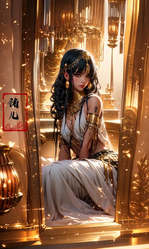 ((masterpiece,)),(( best quality,)),extremely detailed cg 8k wallpaper,bright colors,Dramatic light,photoreal full body  fantasy art game art(wide-angle lens,Panoramic:1.2),watery eyes, beauitful face,
1girl, dynamic angle, casting pose,(freckles:0.8), midriff, navel, dusk lighting, (cold attitude,eyeshadow,eyeliner:1.6), gold lips(gold eyes),  (dark skinblack skin, shiny skin:1.5),
watermakeupsolo focusbare shoulderspalm treebuildingshawlgold choker, royal, <lora:~Q?-WSg
pegyptian:1>
