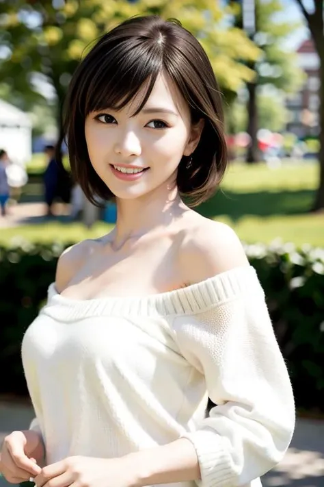 best quality, photorealistic, 8k, high res, (skindentation), (professional lighting), gorgeous, (looking at the camera), photorealistic, (bokeh), (dynamic pose:1.2), masterpiece, intricate, realistic, sharp focus, award-winning photograph, closeup portrait,
1girl, beautiful detailed eyes, wearing an off-shoulder sweater, medium breasts, short salon hair, looking at viewer, <lora:NogiMaiyan_10:0.8>, <lora:Fshojovibe_v11:0.2>, kind smile, outdoors
