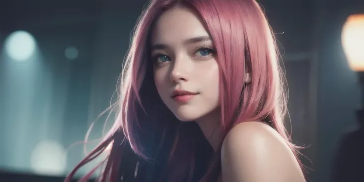 Super female star with pink hair and blue eyes singing and dancing at the concert,, Best quality,(hyperdetailed:1.2),masterpiece,surreal dramatic lighting shadow (lofi, analog),(16K Resolution),ultra high res,(photorealistic:1.4),raw photo,trending on flickr,in the dark,deep shadow,low key,cold light,deep contrast,bokeh,depth of field,(looking at viewer, softly smiling),award-winning photograph,neoism,((straight photo)),exposure blend,medium shot,bokeh,(hdr:1.4),high contrast,(cinematic, teal and orange:0.85),(muted colors, dim colors, soothing tones:1.3),low saturation,(noir:0.4),