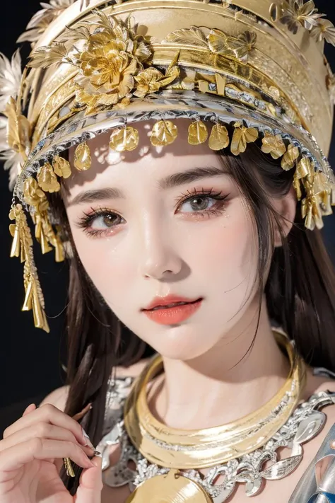 (masterpiece:1.0),(best quality:1.0),(ultra highres:1.0),(8k resolution:1.0),(ultra realistic:1.0),(ultra details:1.0),(sharp focus:1.0),(RAW photo:1.0),dynamic angle,(film grain:1.2),professional lighting,photon mapping,radiosity,physically-based rendering,
1girl,(dynamic pose:1.0),detailed beautiflul skin,smile,solo,(Kpop idol:1.1),absurdres,[:(detailed beautiflul face:1.2):0.1],makeup,PureErosFace_v1,(parted lips:1.1),red lipstick,tall figure,golden proportions,wide shoulders,(medium breasts:1.1),(cleavage:1.1),detailed skin-texture,thigh gap,detailed hair,random hair style,finely detailed beautiful eyes,(aegyo sal,puffy eyes,eyelashes:1.0),glistening skin,portrait photo,
<lora:HmongCostume_vBlack:0.8>,futuristic,studio,simple background,looking at viewer,
<lora:Coser_TuNiang_v2:0.6>,<lora:ShojoVibe_v11:0.3>,20d,<lora:BlackTightsPantyhose20D_v10:0.3>,fashi-g,<lora:FashionGirl_v50:0.3>,