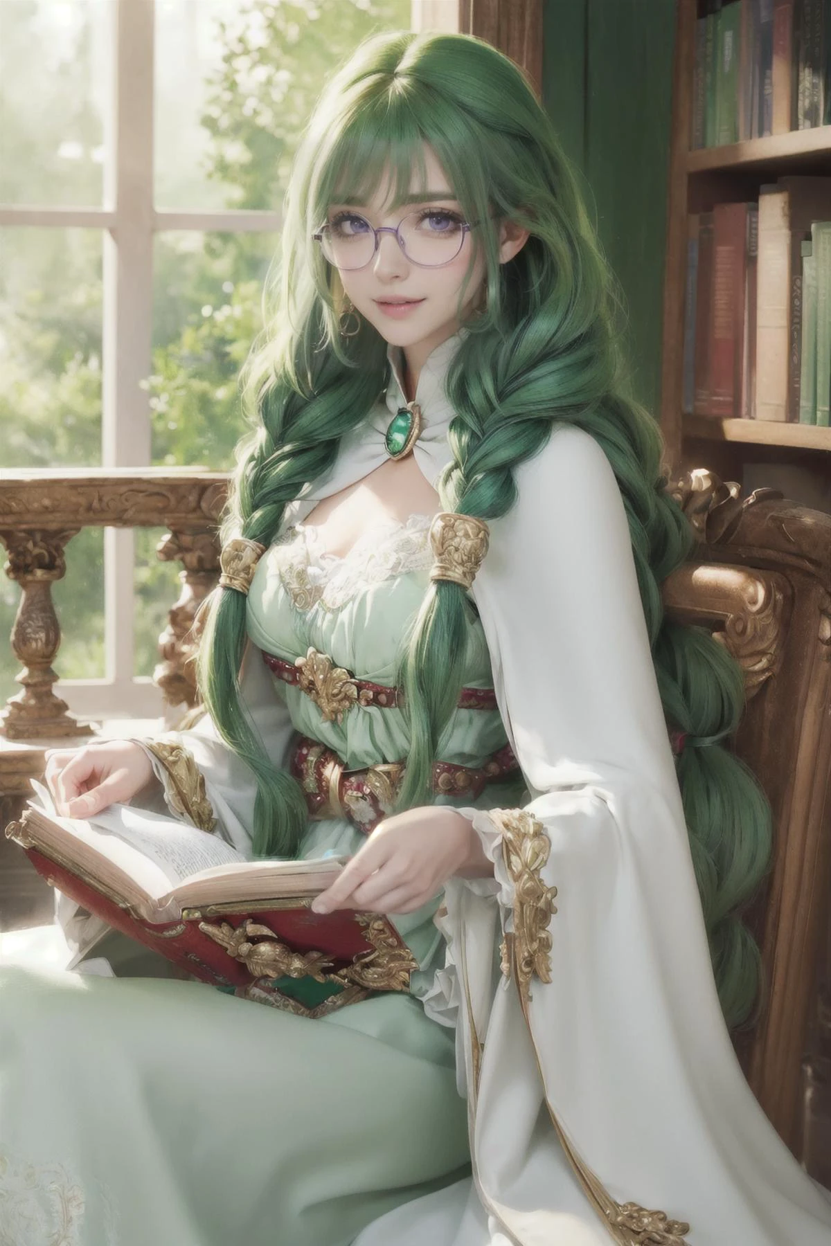 ,(8k, RAW photo, best quality, masterpiece:1.1), ,(realistic, photo realistic:1.25), ((best quality))
,(ultra-detailed green hair, many detailed tangle hair streak:1.2)
, <lora:philiafelice-tod-richy-v1:1>philia, twin braids, hair ornament, glasses, jewelry, brooch,white dress, cape
,(large library,reading books)
<lora:colorify:1>