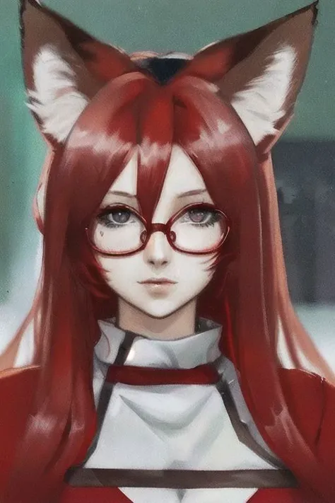 Fox, girl, anime, ears, face, red hair, square glasses