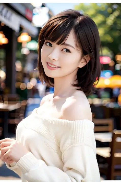 best quality, photorealistic, 8k, high res, (skindentation), (professional lighting), gorgeous, (looking at the camera), photorealistic, (bokeh), (dynamic pose:1.2), masterpiece, intricate, realistic, sharp focus, award-winning photograph, closeup portrait,
1girl, beautiful detailed eyes, wearing an off-shoulder sweater, medium breasts, short salon hair, looking at viewer, <lora:maiyan_10:0.8>, <lora:shojovibe_v11:0.2>, kindly smile, outdoors, in a cafe