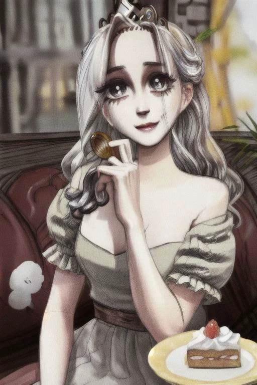pov across table,looking at viewer,sitting, BREAK CONCEPT_pov_dating_ownwaifu,www.ownwaifu.com,
1 adult woman, prinvk, , dress, long hair, bare shoulders, princess,,
solo,cup,(food),creepy smile,table,blush,plate,blurry,drinking glass,fork,depth of field,blurry background,holding,indoors,blurry foreground,cake,restaurant,spoon,cafe,glass,ice cube,head rest,