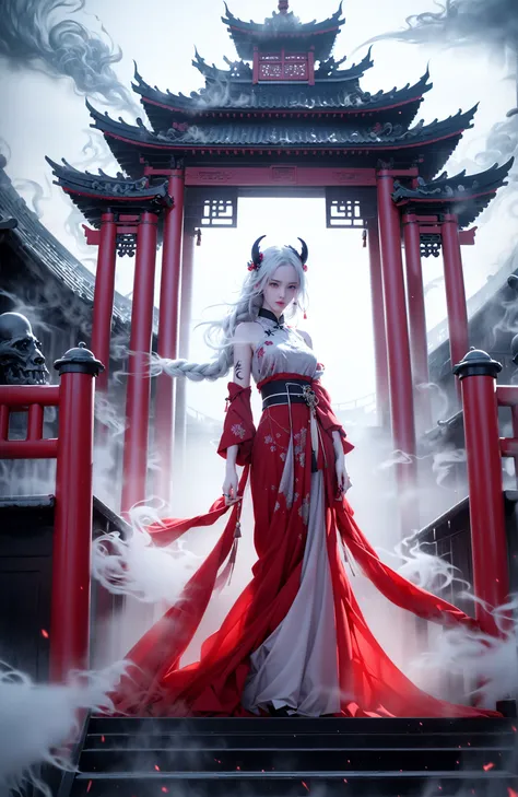 (dramatic, gritty, intense:1.4),masterpiece, best quality, 32Kinsane details, intricate details, hyperdetailed, hyper quality, high detail, ultra detailed, Masterpiece, (full body:1.5),  Red eyes(white hair:1.6)(braid:1.3)(exposed shoulders:1.2)
an girl in a red dress is in front of white eyes, Unreal background, smoke and mist, like something coming out. Chinese Taoist ghost legendhorror-inspired, Chinese Horrordollcore, dark violet and light blue, contrast between light and darkphoto-realistic hyperbole, japonism influenced pieces, cryptidcoreJunji Ito, miho hirano, ilya kuvshinov, Yimou Zhang, Thick paintings, oil paintings, ink drawingscinematic textures, top view, extreme close-ups, REALISTIC 3D, ULTRA DETAILED. Blender, C4D, high detail, high resolution,
A shot with tension(sky glows red,Visual impact,giving the poster a dynamic and visually striking appearance:1.2),Chinese Zen style,impactful picture,
<lora:~Q?-~cYs<:0.9>