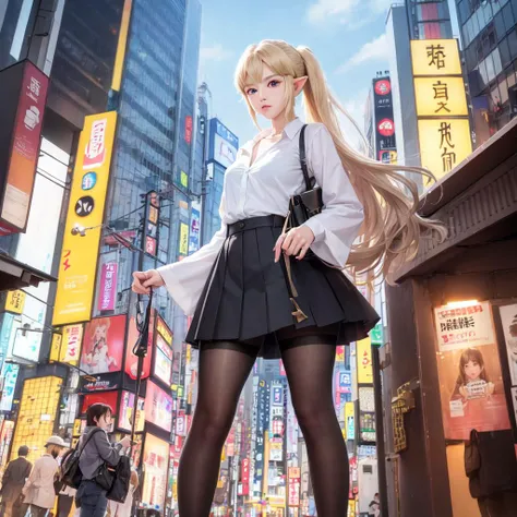 (masterpiece), best quality, highest quality, extremely detailed, beautiful face, CG unity 8k wallpaper, detailed and intricate, original,highres, \\ Princess Zelda, flat chest, sexy, open shirt, long hair, high ponytail, looking at viewer, NSFW, \\ office lady, suits, white shirt,striped miniskirt, (transparent black pantyhose), high heels, handbag, full body, \\ street, subway station, shop border, akihabara \(tokyo\), shibuya \(tokyo\), shinjuku \(tokyo\), tree, clouds, sunlight \\ beautifully detailed background, depth of field,li:0.1,realistic:1.3, (ambient light:1.3),(cinematic composition:1.3),(neon lights:0.1),(HDR:1),Accent Lighting, (pantyshot:1.2),from below,