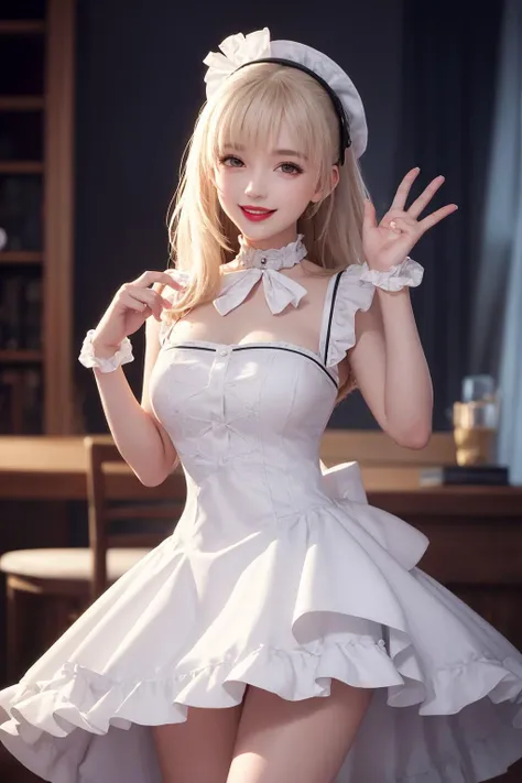 Blonde hair, anime - style image of a woman in a maid outfit posing for a picture, small curvy , oppai, big breasts!, seductive anime girl, breasts covered and sfw, big breasts!!, marin kitagawa fanart, with a large breasts, thicc, from girls frontline, [ 4 k digital art ]!!, lolidress, ((Masterpiece, Detailed face, Detailed eyes, detailed anatomy, Oily skin, Fine skin, White skin)),  (Masterpiece, Best quality, High quality, Ultra-detailed, extremely details, High Resolution, Super realistic, ultra realistic,  Strong lights, Photography, Brighten the subject)
