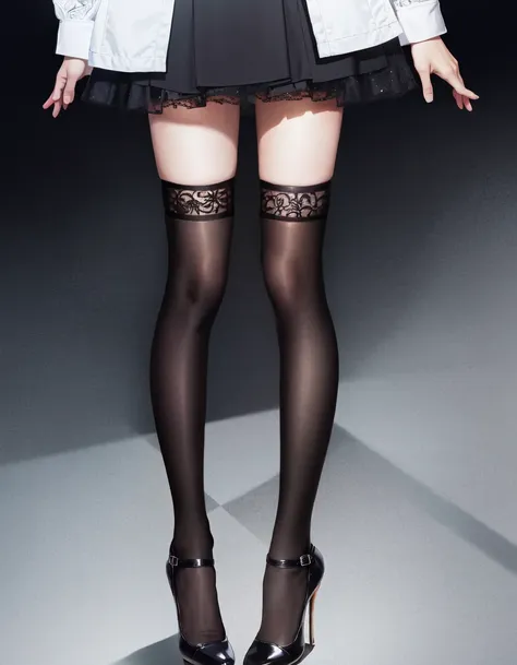 (masterpiece), best quality, highest quality, extremely detailed CG unity 8k wallpaper, detailed and intricate, original,highres,(lace black pantyhose),high heels,(((thighhighs))),standing,(Lower body),