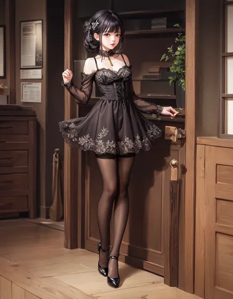 (masterpiece), best quality, highest quality, extremely detailed CG unity 8k wallpaper, detailed and intricate, original,highres,1girl,solo,(lace black pantyhose), black heels,thighhighs,standing,