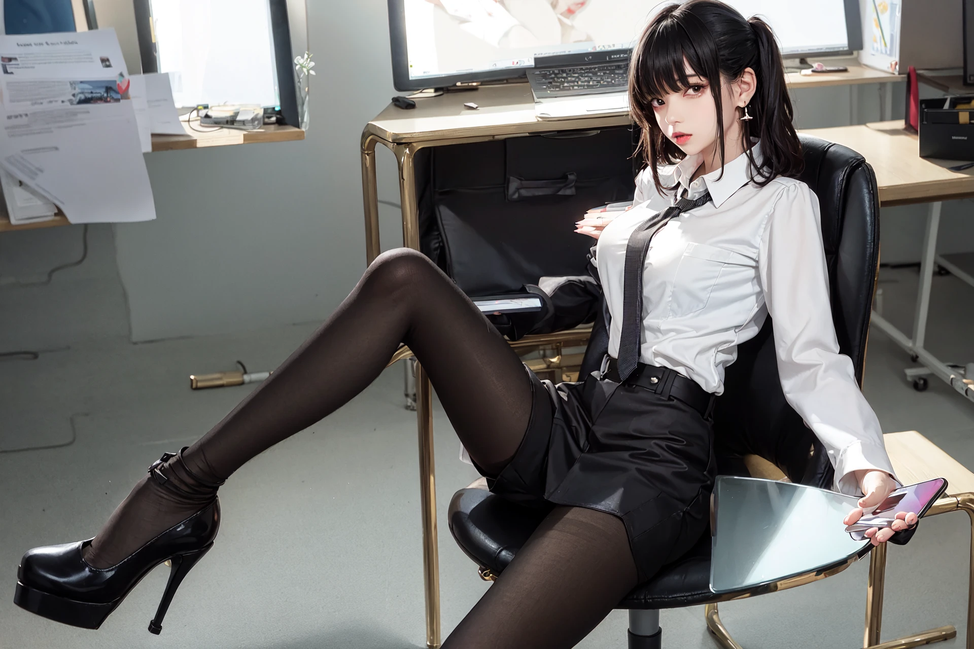 (masterpiece), best quality, highest quality, extremely detailed CG unity 8k wallpaper, detailed and intricate, original,highres,
\\
(16yo),extremely detailed_eyes, fingernails,sexy,breasts,
(eyeliner:0.5),(blush:0.5),black hair,hair pulled back, Folded tied hair,simple diamond earrings,detailed skin,
looking at viewer,solo,
(NSFW:1.1),Moist lips,
\\
office lady, suits, white shirt,striped miniskirt, (black pantyhose:1.1),black high heels,
dynamic pose,sitting,lying,perfect anatomy,pov,
\\
indoors, office,glass & metal table,leather office chair, smartphone, macbook,
\\
(depth of field:1.5),li:0.1,realistic:1.3,
(ambient light:1),(cinematic composition:1.3),(neon lights:0.1),(HDR:0.1),Accent Lighting,side lighting,
(pantyshot:1),fish eye lens,
