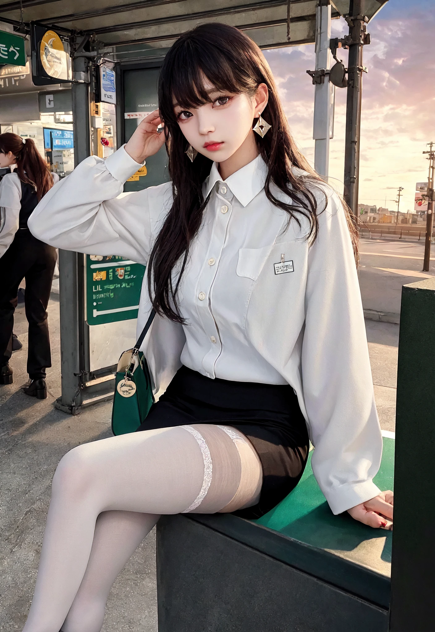 (masterpiece), best quality, highest quality, extremely detailed CG unity 8k wallpaper, detailed and intricate, original,highres,
\\
(yo),(Kpop idol) ,extremely detailed_eyes, fingernails,sexy,large breasts,
(eyeliner:0.5),(blush:0.5),black hair,hair pulled back, Folded tied hair,simple diamond earrings,detailed skin,
looking at viewer,solo,
(NSFW:1.1),
\\
office lady, suits, white shirt,striped miniskirt, (lace black pantyhose), black heels, LV bags,thighhighs,
crossed legs, sitting,
\\
street, subway station, shop border,tree,r cloudy,
\\
beautifully detailed background,depth of field,lo:0.1, (photorealistic:1.4),
(ambient light:1.3),(cinematic composition:1.3),(neon lights:0.1),(HDR:0.1),Accent Lighting,
(pantyshot:1.2),