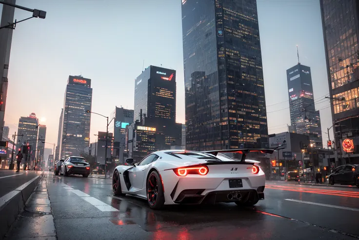 (best quality, masterpiece:1.2), photorealistic, (ambient light:1.3), (cinematic composition:1.2), 8k, hdr, ultra high res, Exquisite details and textures, sportscar, supercar, tail lights, sunset, street view, skyscrapers, skylines, cyberpunk, neon lights, clouds, raining, wet floor, reflection, dusty air, light particles, ray of lights, detailed background, depth of field, professional lighting, photon mapping, radiosity, physically-based rendering