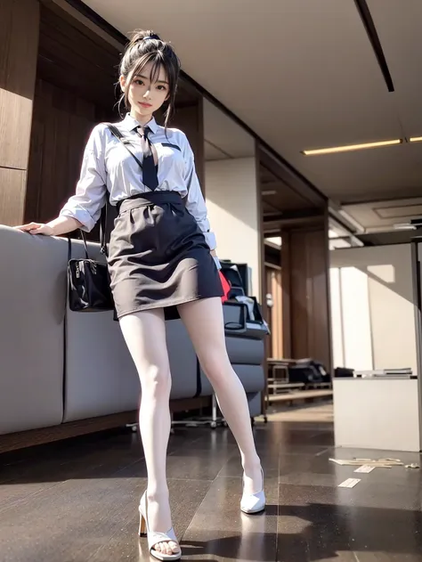 (best quality, masterpiece:1.2), photorealistic,(cinematic composition:1.3), ultra high res, cinematic lighting, ambient lighting, sidelighting, Exquisite details and textures, 1girl, full body, smile, ponytail, blue hair, look at viewer, detailed face, standing, medium breasts,  breasts, flight attendant uniform, (white pantyhose:1.2), high heel, airport, lounge, detailed background, depth of field, professional lighting, photon mapping, radiosity, physically-based rendering,  <lora:cuteGirlMix4_v10:0.5> <lora:saikaKawakita_saikaV20:0.4>