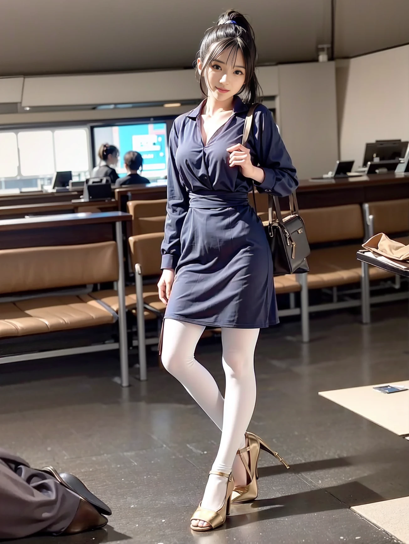 (best quality, masterpiece:1.2), photorealistic,(cinematic composition:1.3), ultra high res, cinematic lighting, ambient lighting, sidelighting, Exquisite details and textures, 1girl, full body, smile, ponytail, blue hair, look at viewer, detailed face, standing, medium breasts, breasts, flight attendant uniform, (white pantyhose:1.2), high heel, airport, lounge, detailed background, depth of field, professional lighting, photon mapping, radiosity, physically-based rendering, <lora:cuteGirlMix4_v10:0.5> <lora:saikaKawakita_saikaV20:0.4>