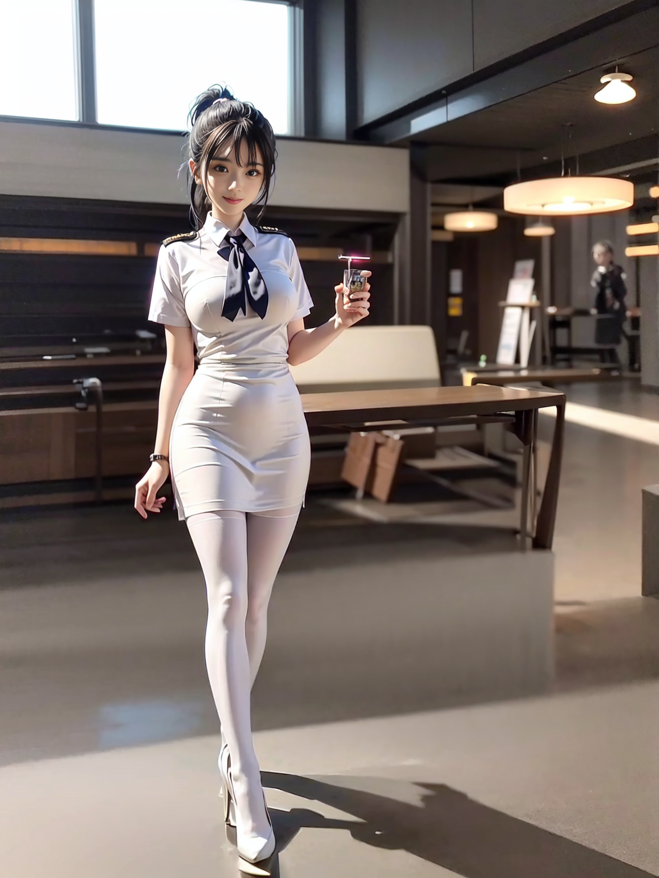 There is a woman in a white dress and a black tie - SeaArt AI